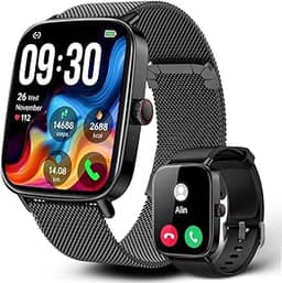Smartwatch Relógio Inteligente, Tela HD de 1,85' Relógio Fitness, 120 Esportes, Frequência Cardíaca e Monitoramento do Sono, IP68 à rova d'água, Compatível com Android iOS, 2 Pulseiras (Preto)