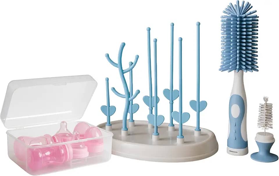 Kit Escorredor de Mamadeira com Tampa + Esterilizador de Mamadeira Micro-ondas + Escova de Silicone – Higiene Completa