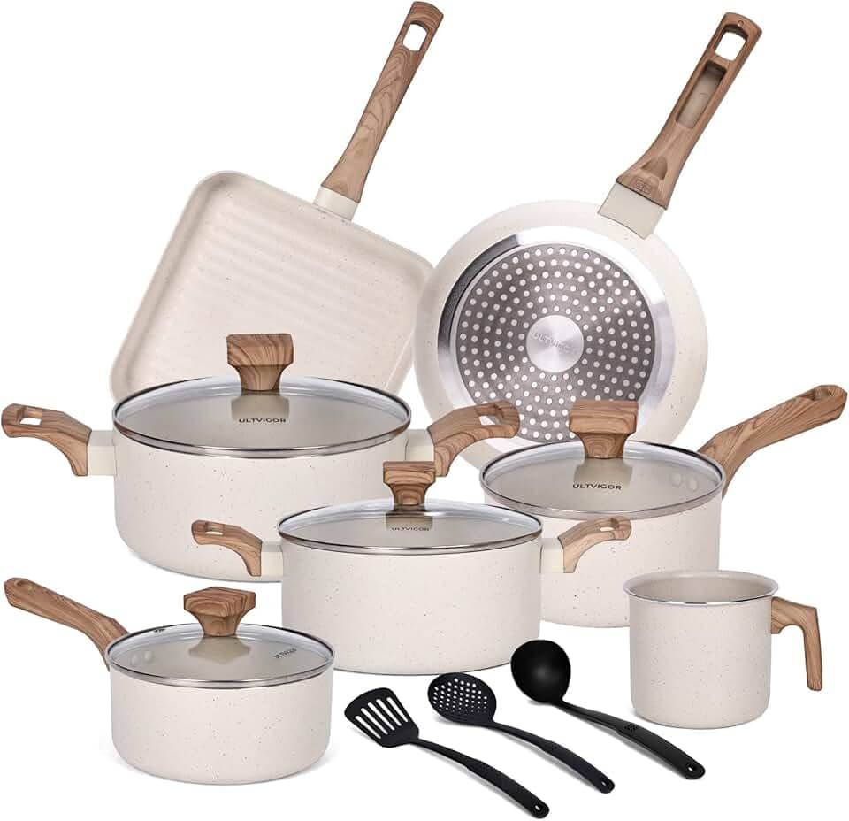 Jogo de Panelas 10 Peças Indução Cerâmica Antiaderente, Adequado para Fogão a Indução, Gás, Elétrico e Vitrocerâmico, Durável Lindas e Qualidade, Baunilha