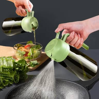 Pulverizador de óleo escuro com bloqueio de luz de 470 ml para cozinhar, frasco dispensador de azeite de oliva 2 em 1 para cozinha, garrafa de óleo de vidro verde escuro premium, névoa de óleo de grau