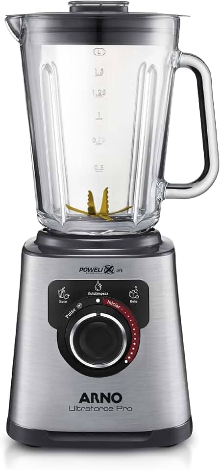 Liquidificador Arno Ultraforce Pro 1100W LN93, com App de Receitas, 6 Lâminas Powelix Life, Jarra de Vidro 2L, Resistente a Choque Térmico e Corpo Inox, Tecnologia Limpa Fácil, 110V