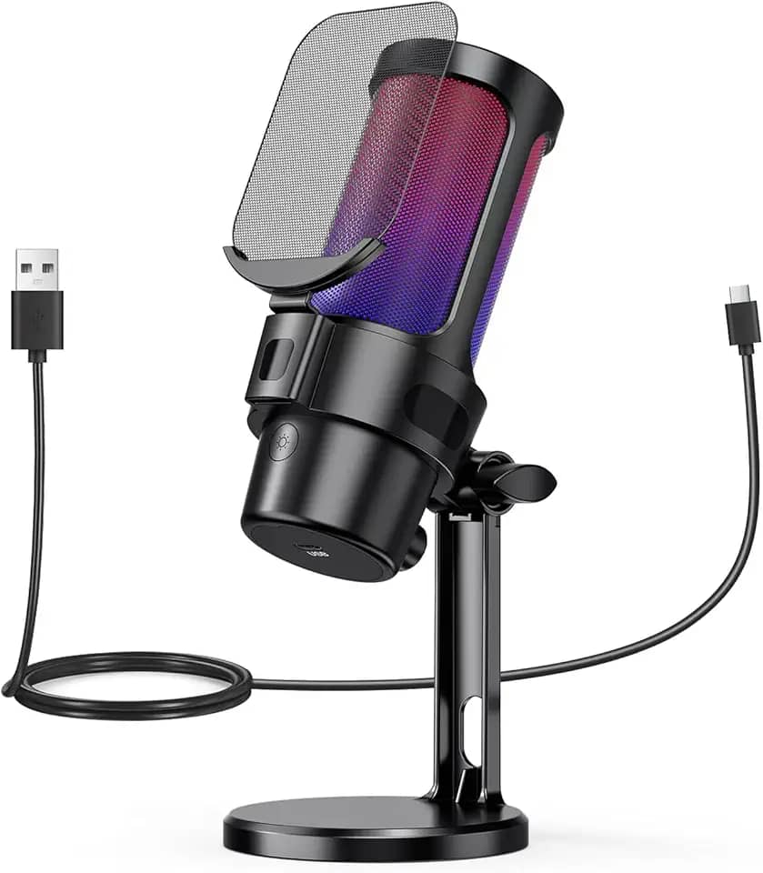 Microfone RGB Condensador, Microfono Condensador de Mesa para Computador, Microfone de Mesa para PC
