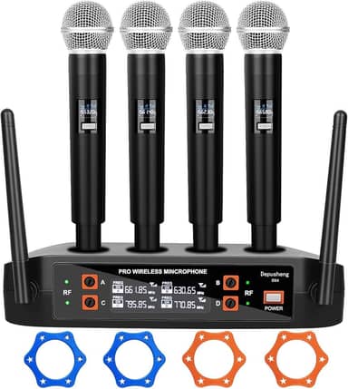 Kit 4 Microfone Sem Fio Profissional, Sistema de Microfone Sem Fio de 4 Canais, Microfone de Mão Dinâmico, Emparelhamento Automático