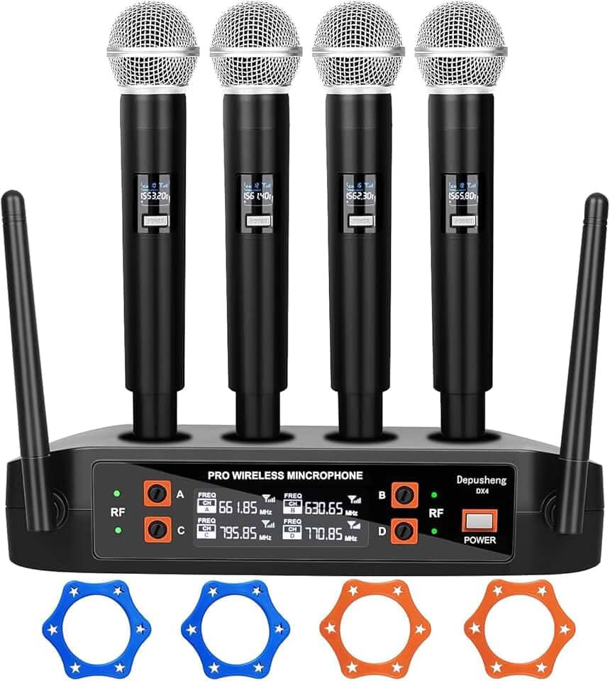 Kit 4 Microfone Sem Fio Profissional, Sistema de Microfone Sem Fio de 4 Canais, Microfone de Mão Dinâmico, Emparelhamento Automático