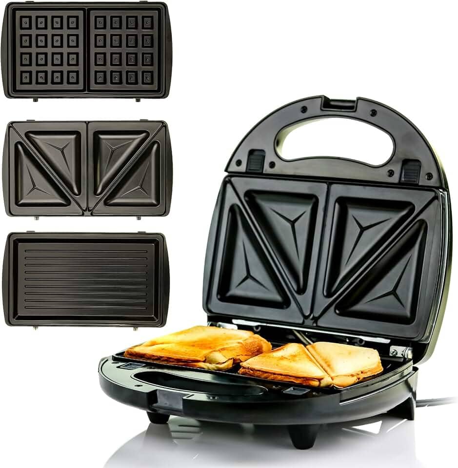 OVENTE Sanduicheira elétrica 3 em 1, grelha de prensa Panini e conjunto de ferro de waffle com pratos antiaderentes removíveis, perfeita para cozinhar queijo grelhado, atum derretido, hambúrgueres, bifes e lanches, preto GPI302B