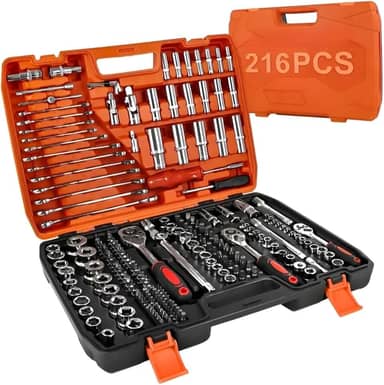 Kit Jogo de Soquetes com Chave Catraca, 216 Peças, Encaixe de 1/4" e Diâmetro 4mm a 32mm, caixa de ferramentas completa, kit de ferramentas completa