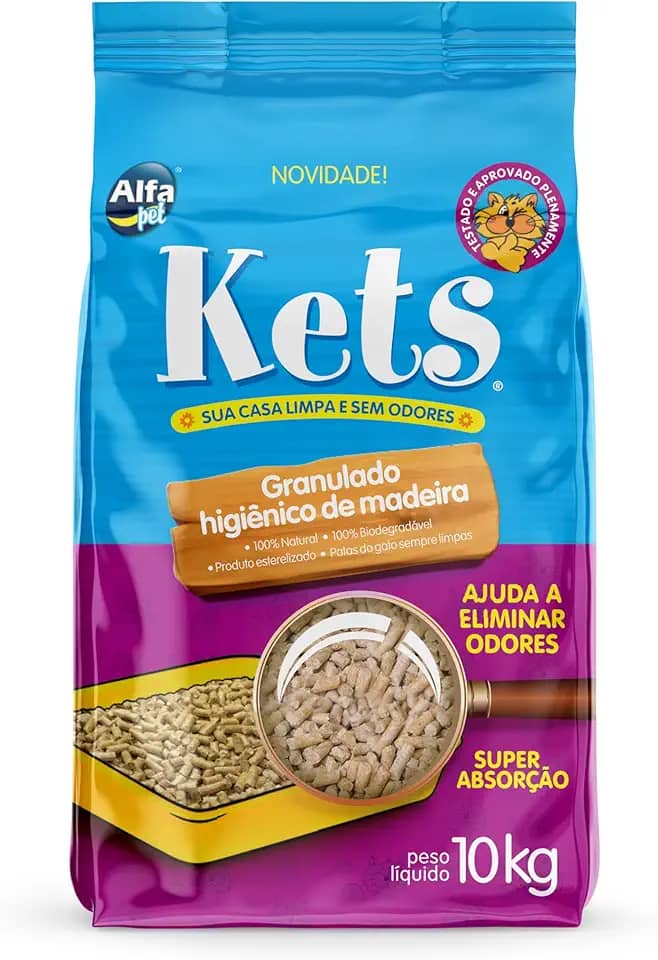 Granulado Higiênico de Madeira Peletes Pinus, Pacote de 10kg, Linha Kets, Alfapet.