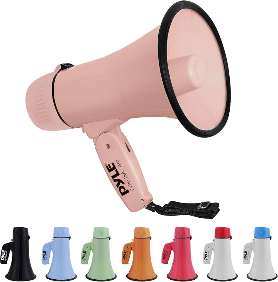 Pyle Megafone Bullhorn de 20 W - portátil, sirene automática e volume ajustável, alcance de projeção de até 400 jardas quadradas, entrada auxiliar, talk, sirene, música, apito e gravação, alça de