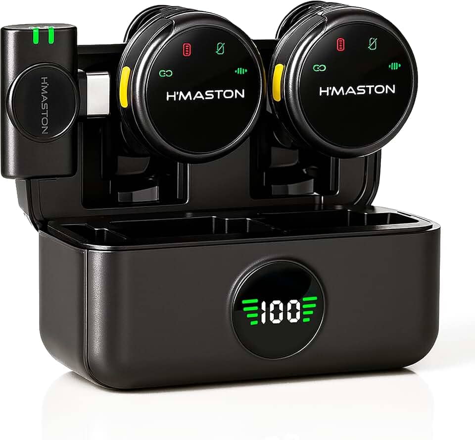 Microfone Lapela Duplo Sem fio – Redução de Ruído, Case Carregador, Tipo C compatível com Android/Iphone 15/16/17, kit com 2 microfones, com display, Ideal para Vlog, Live, Entrevista, YouTube.