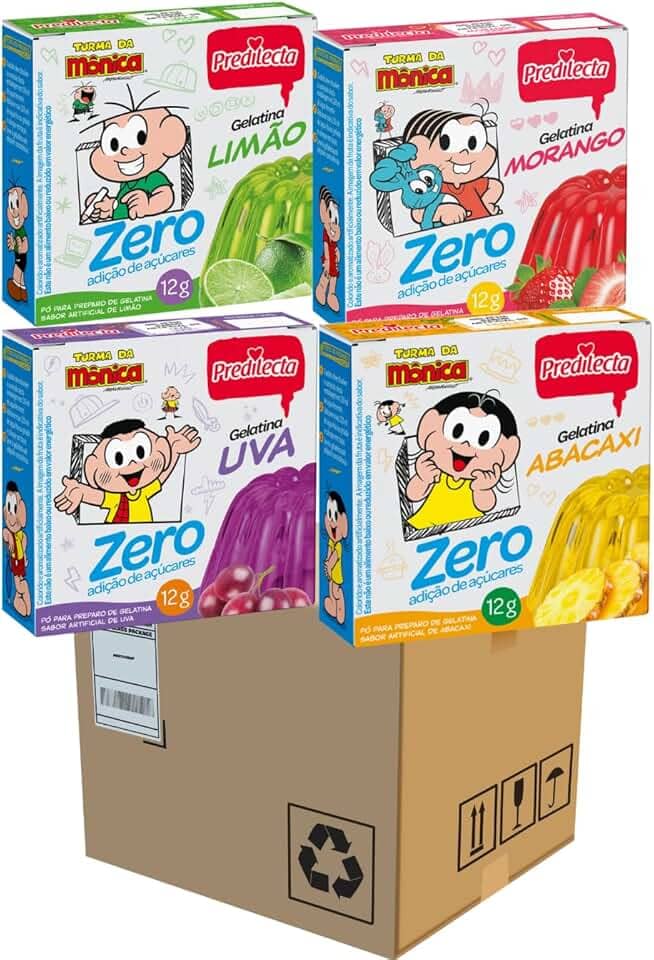 Caixa fechada 36 Gelatina Em Pó Zero Açucar Com 9 Sabores de Cada, Uva, Limão, Abacaxi e Morango 12g