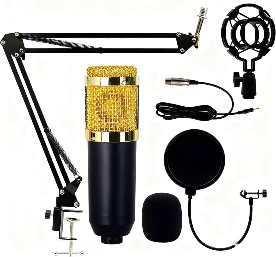 Kit Microfone Condensador Profissional Tipo microfone bm800, Completo com Pop Filter, Braço Articulado e Suporte de Mesa, para Estúdio, Gravação, Podcast e Transmissão Ao Vivo