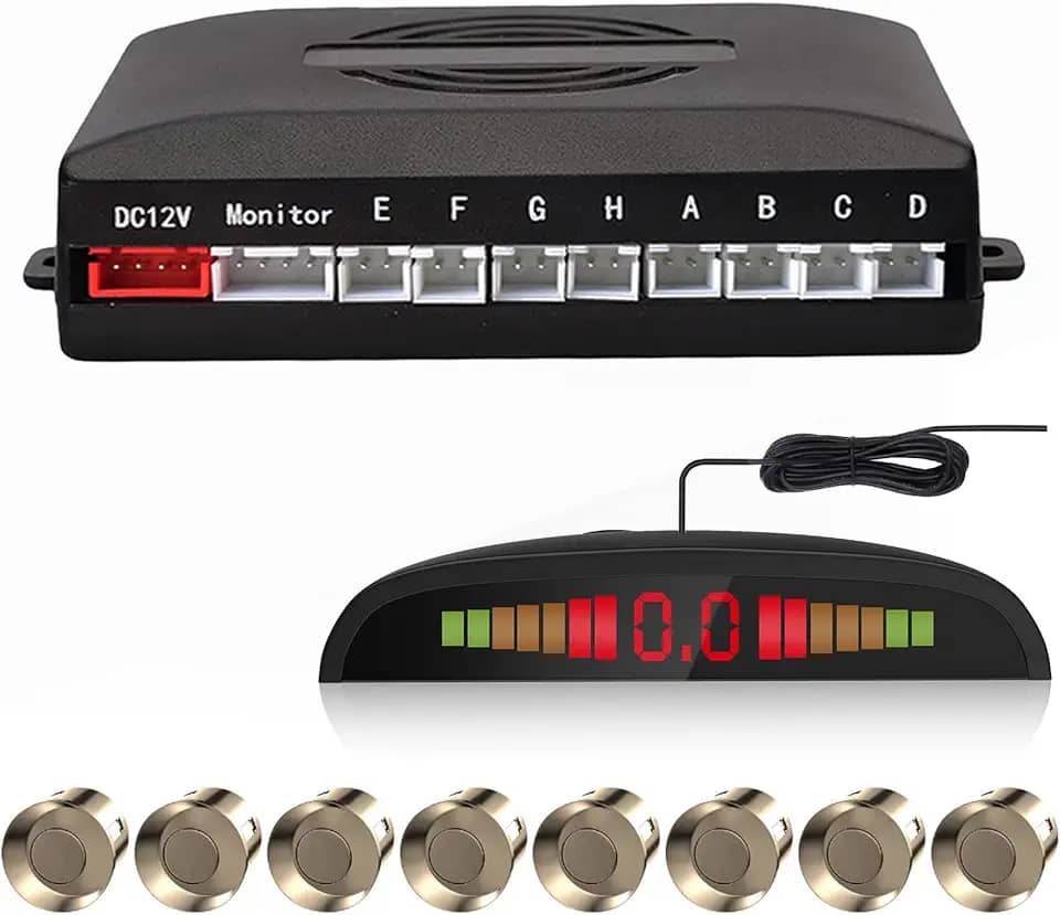 EKYLIN Sistema de radar de estacionamento reverso com 8 sensores de estacionamento, detecção de distância + monitor de distância de LED + aviso de som (cor dourada champanhe)