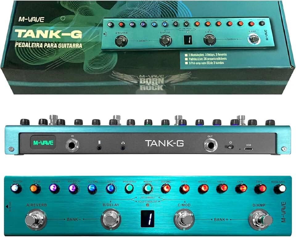 M-VAVE VEDO TANK-G Processador de Efeitos para Guitarra eléctrica Portátil com 36 Presets, Bateria Recarregável 12h, Bluetooth, USB e APP - Suporte IR CAB, AMP Modeling e Gravação em Smartphone