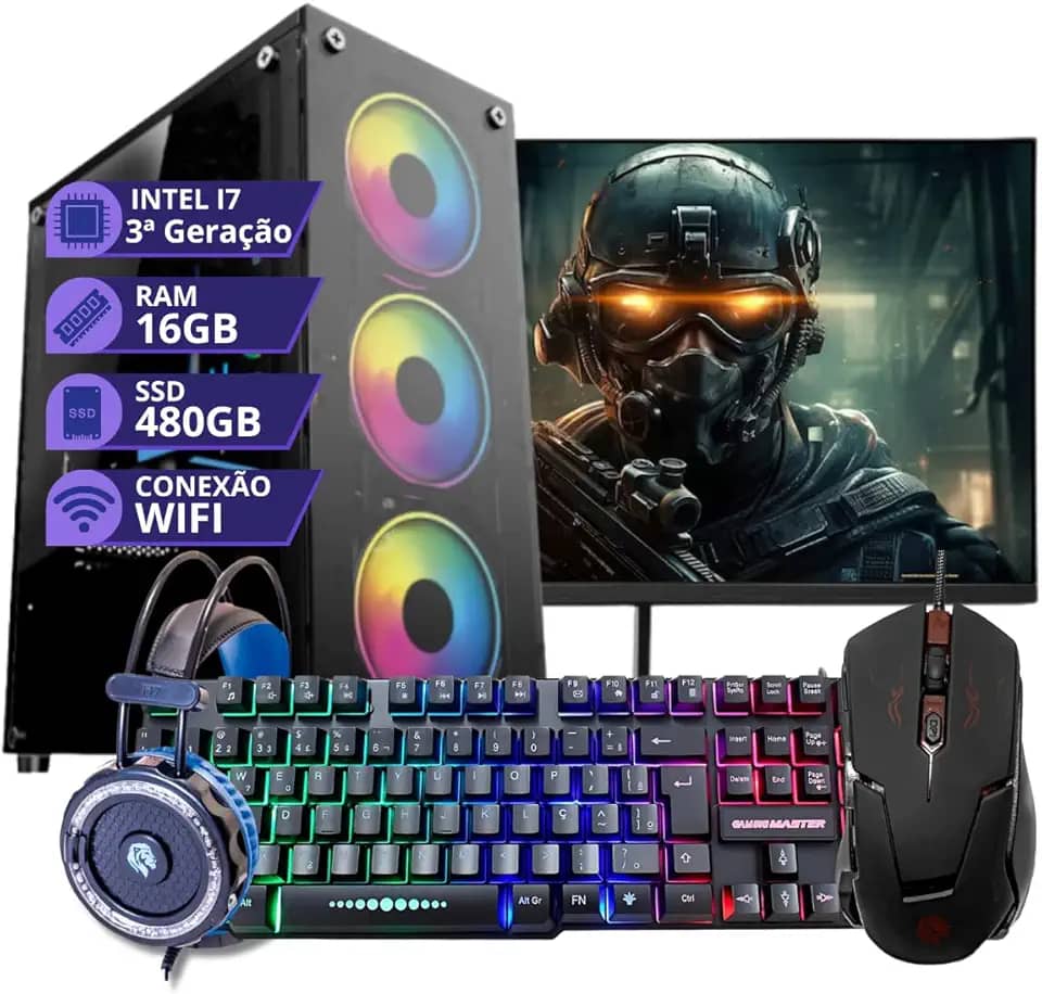 Pc Gamer Cpu Completo Intel Core I7 3.4GHz Memoria 16gb Ssd 480gb Fonte 500W Monitor 19
