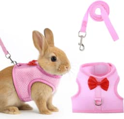 Conjunto de arnês e coleira de coelho com laço fofo, colete de malha macia para coelhos, colete ajustável para coelhos, coleira para coelhos, acessórios de caminhada (rosa)