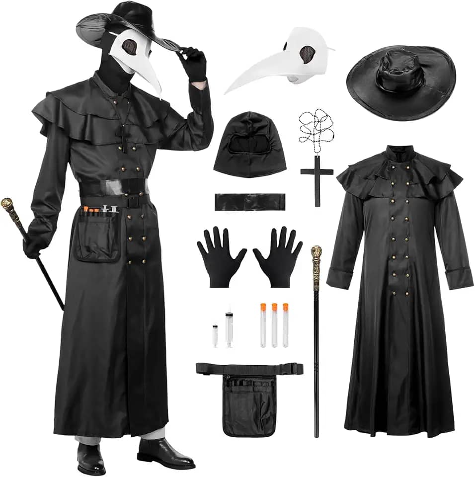 Fantasia de Doutor da Peste para Dia das Bruxas, branco, 8 peças de roupa de médico da peste com máscara para fantasia masculina de Halloween
