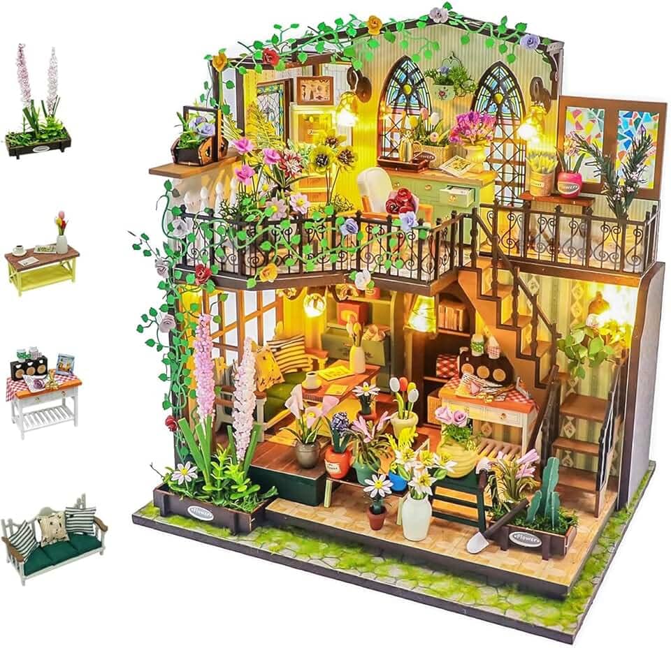 Blocos de Montar Construção Casas de Flores Madeira DIY Brinquedos Infantil Com Luz LED (Casa)