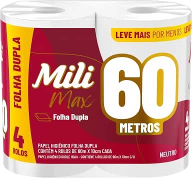 Mili, Papel Higiênico Folha Dupla 4 Rolos, 60 Metros (Embalagem pode variar)