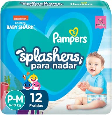 Fralda Pampers Splashers Para Nadar Baby Shark Tamanho P-M 12 Unidades
