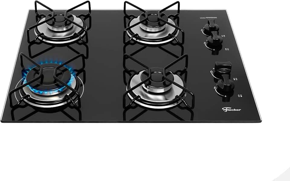FISCHER COOKTOP À GÁS 4 BOCAS FIT LINE TREMPE ARAMADO MESA VIDRO PRETO BIVOLT 36350-102675