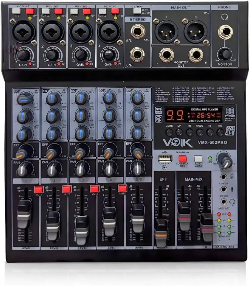 Mesa de Som 6 Canais com USB e Bluetooth 48v Igreja Voik VMX-602PRO