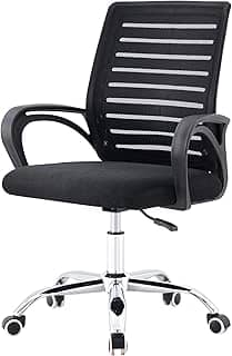 Cadeira De Escritório Giratória Home Office Encosto com Design Listrado em Malha Respirável Preta com Base Cromada e Cinco Rodinhas