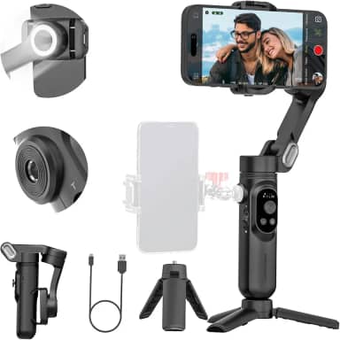 AOCHUAN Estabilizador gimbal de telefone de 3 eixos para iPhone 15/14/13 Pro Max Android com rastreamento facial, fios de 1/10.2 cm, luz de preenchimento integrada, gravação de vídeo gimbal portátil
