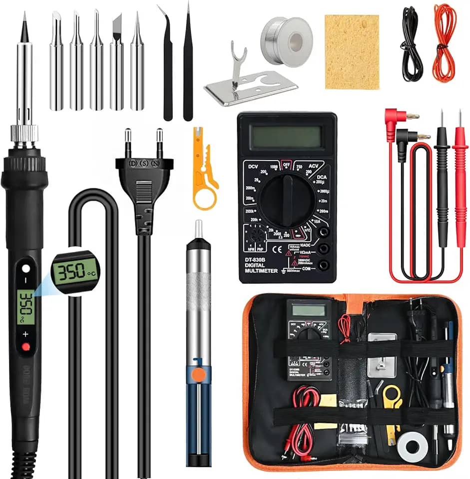 Estação de Solda 110V 80W, Kit de Ferro para Solda Eletrônico com Visor Digital, Multímetro e 5 Pontas, Conjunto 17 Peças Inclui Ferro de Solda e Bomba Dessoldagem, Temperatura Ajustável