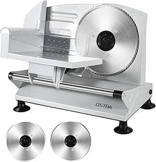 OSTBA Máquina fatiadora de carne, duas lâminas removíveis de aço inoxidável de 17 cm e transporte de alimentos, cortador elétrico de 150 W para uso doméstico, fácil de limpar, espessura ajustável de 0