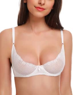 Sutiã feminino sexy de renda 1/2 xícara de malha balconette sutiã com aro sem forro sutiã transparente, Branco, 34B
