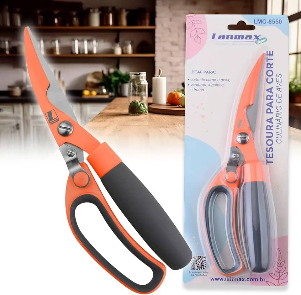 Tesoura De Cozinha 3 Funções Corta Osso Frango Carnes Peixes Lanmax Design Ergonômico e Resistente