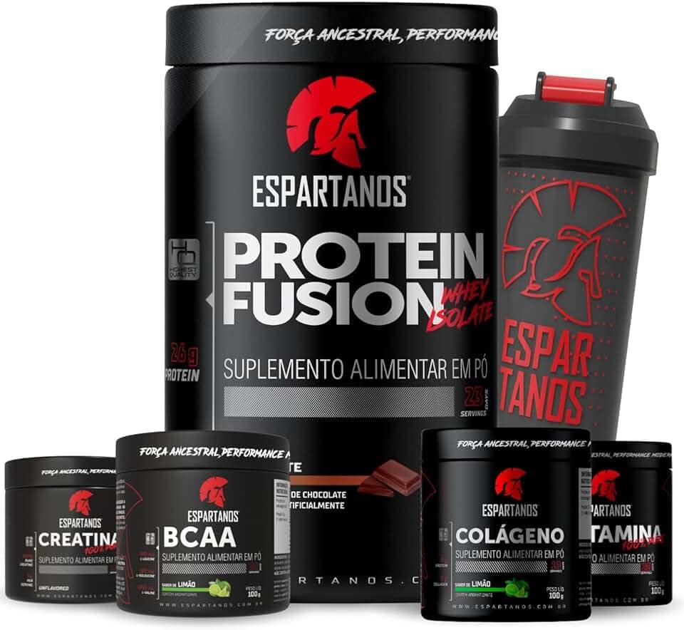 Whey Protein Fusion Chocolate 900g + BCAA + Creatina + Glutamina + Colágeno + Coquteleira - Espartanos