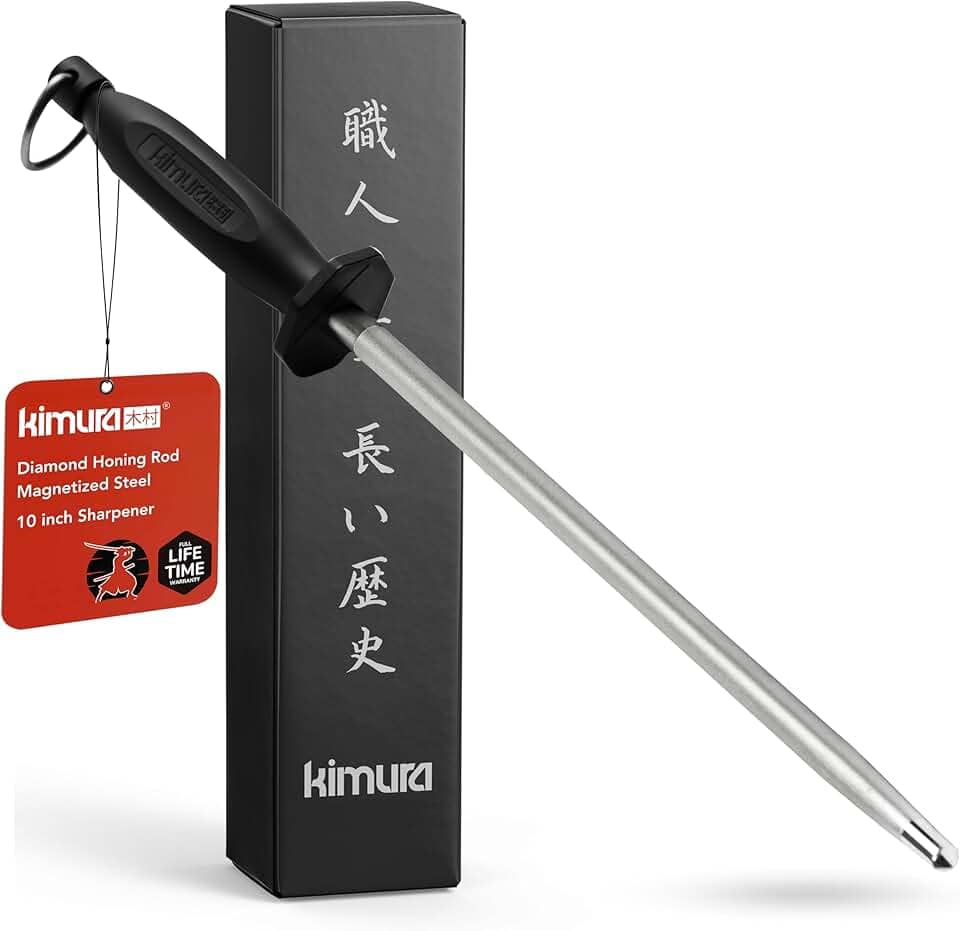 Kimura Aço de afiar diamante profissional, haste de afiar de 25,4 cm, afiador de facas de diamante, aço magnetizado, cabo de polipropileno ergonômico e equilibrado, ideal para todas as facas de chef