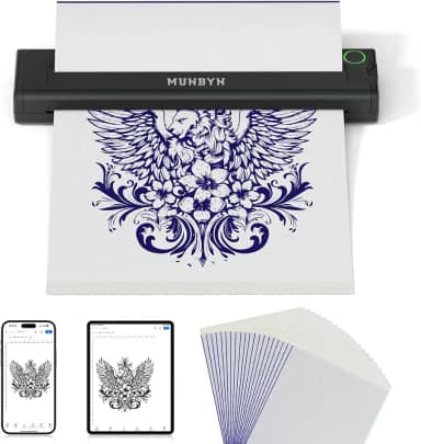 MUNBYN Impressora de estêncil de tatuagem ITP05, impressora de tatuagem térmica sem fio com 20 papéis de transferência, compatível com telefone/tablet e PC Android e iOS, impressoras de tatuagem para