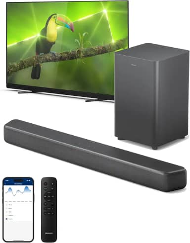 PHILIPS B5309 Barra de som de 2.1 canais com subwoofer sem fio, som surround 3D com DTS Virtual: X e Dolby Digital Plus, configuração fácil com Roku TV Ready™, Bluetooth V5.4, aplicativo ou controle