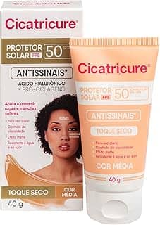 Cicatricure Protetor Solar Facial FPS 50 Antissinais Toque Seco Cor Média, Previne Rugas e Manchas, Ultra Proteção UVA UVB, Ácido Hialurônico para Pele Oleosa, 40 ml