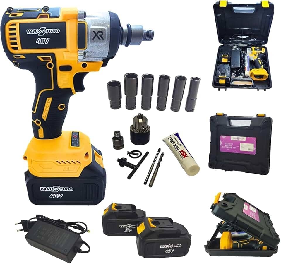 Chave de Impacto Furadeira 48V Brushless Parafusadeira de Alta Potência 2 Baterias 4.0Ah + Carregador Kit com Soquetes Bits Maleta Ferramenta Elétrica Profissional Bivolt