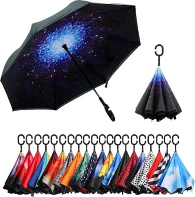 Guarda-chuva invertido de camada dupla NC Saa com alça em forma de C, guarda-chuva reto à prova de vento à prova d'água anti-UV para uso externo chuva de carro (céu estrelado/preto)