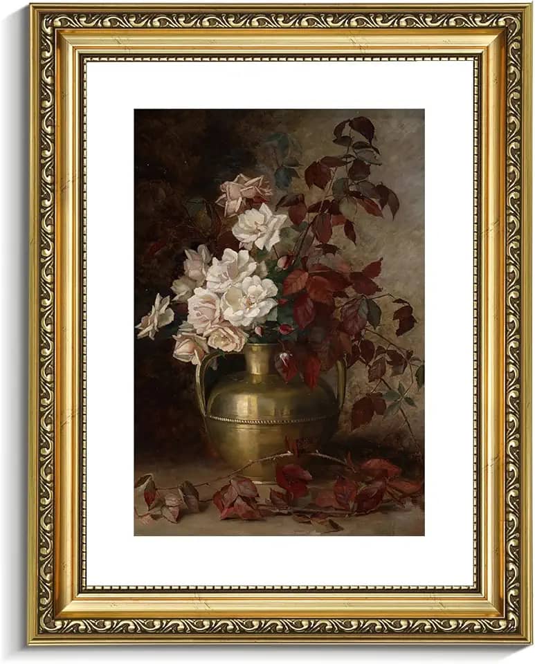 VIYYIEA Arte de parede floral vintage com moldura dourada, quarto, banheiro, sala de estar, buquê de rosas, impressões em tela, moldura de quadro antigo, pinturas clássicas, casa de fazenda, decoração