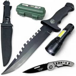 Kit Sobrevivencia Completo Com Faca + Canivete + Lanterna Militar Tático Sabre de Luz para aventuras ao ar livre, camping e emergências. Equipamento resistente e funcional para situações extremas