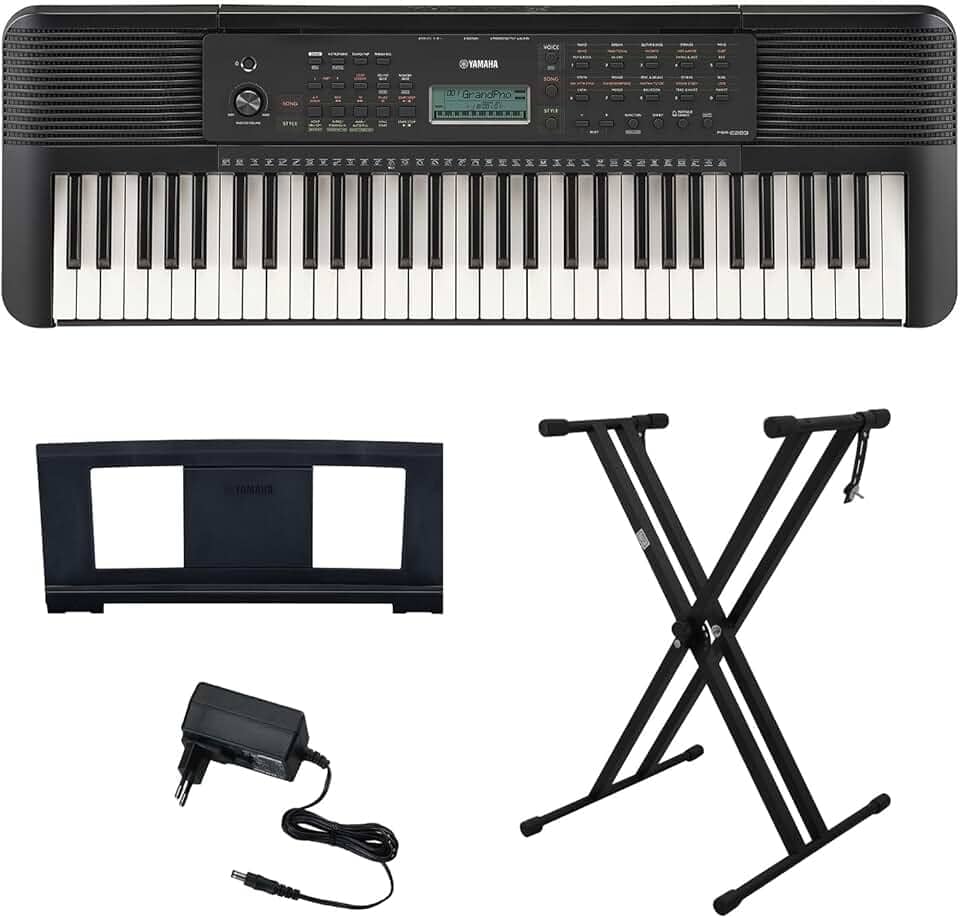 Kit Teclado Arranjador 61 Teclas PSR E283 com Fonte Bivolt e Suporte em X