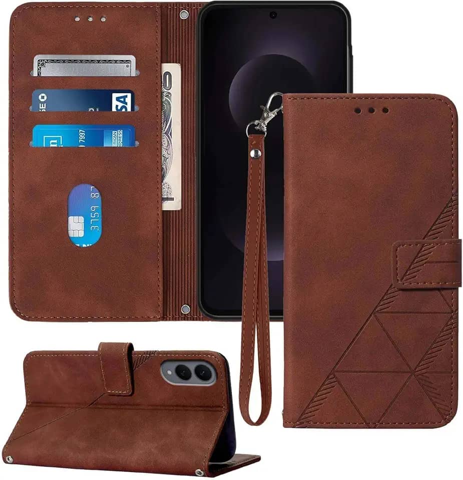 Capa carteira para celular S25 Edge, compartimento para cartão com alça de pulso TPU para proteção interna, capa flip de couro PU para Samsung Galaxy S25 Edge (marrom)