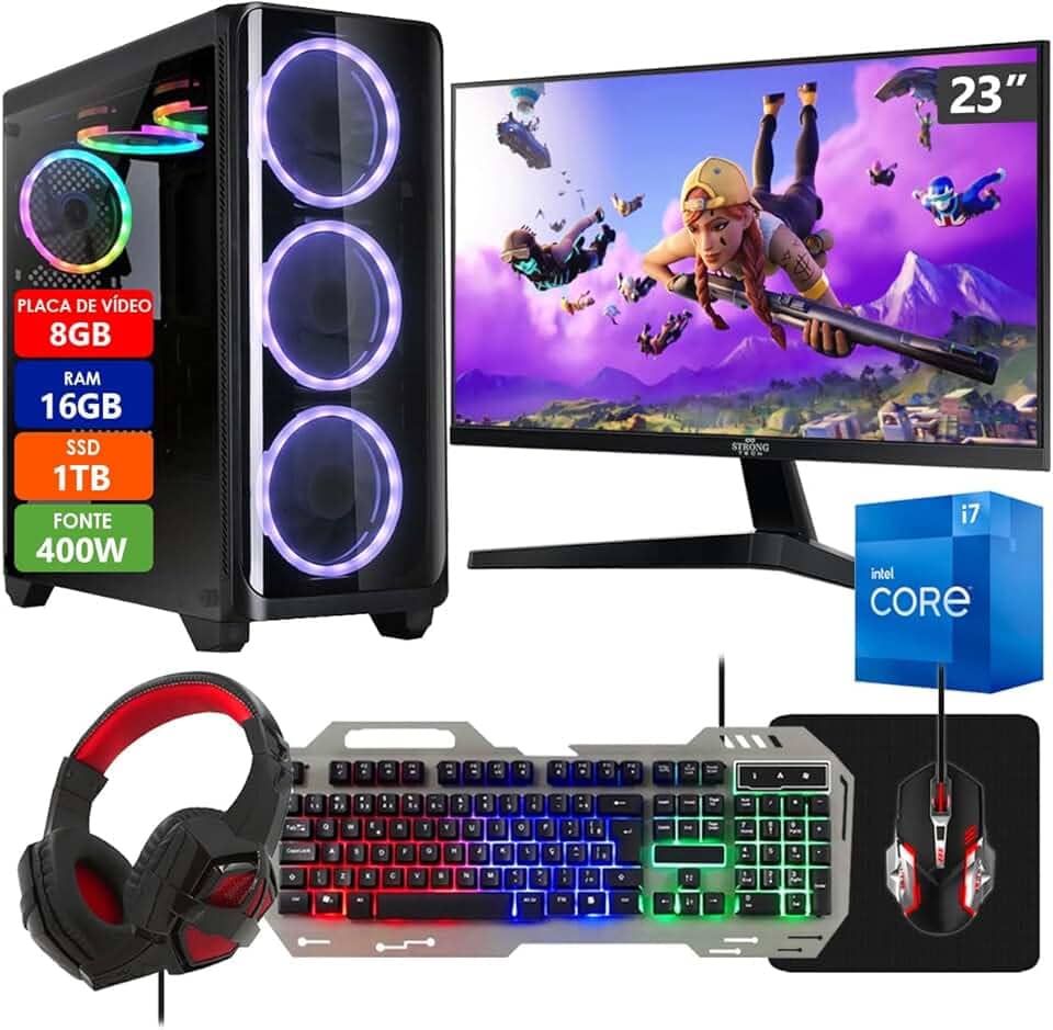PC Gamer Completo Intel Core i7 16GB SSD 1TB Radeon RX 580 8GB 256 Bits 400W Monitor 23" Kit Gamer Strong Tech