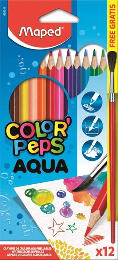 Lápis de Cor Aquarelável + Pincel de Madeira, Maped, Color Peps, 863011, 12 Cores