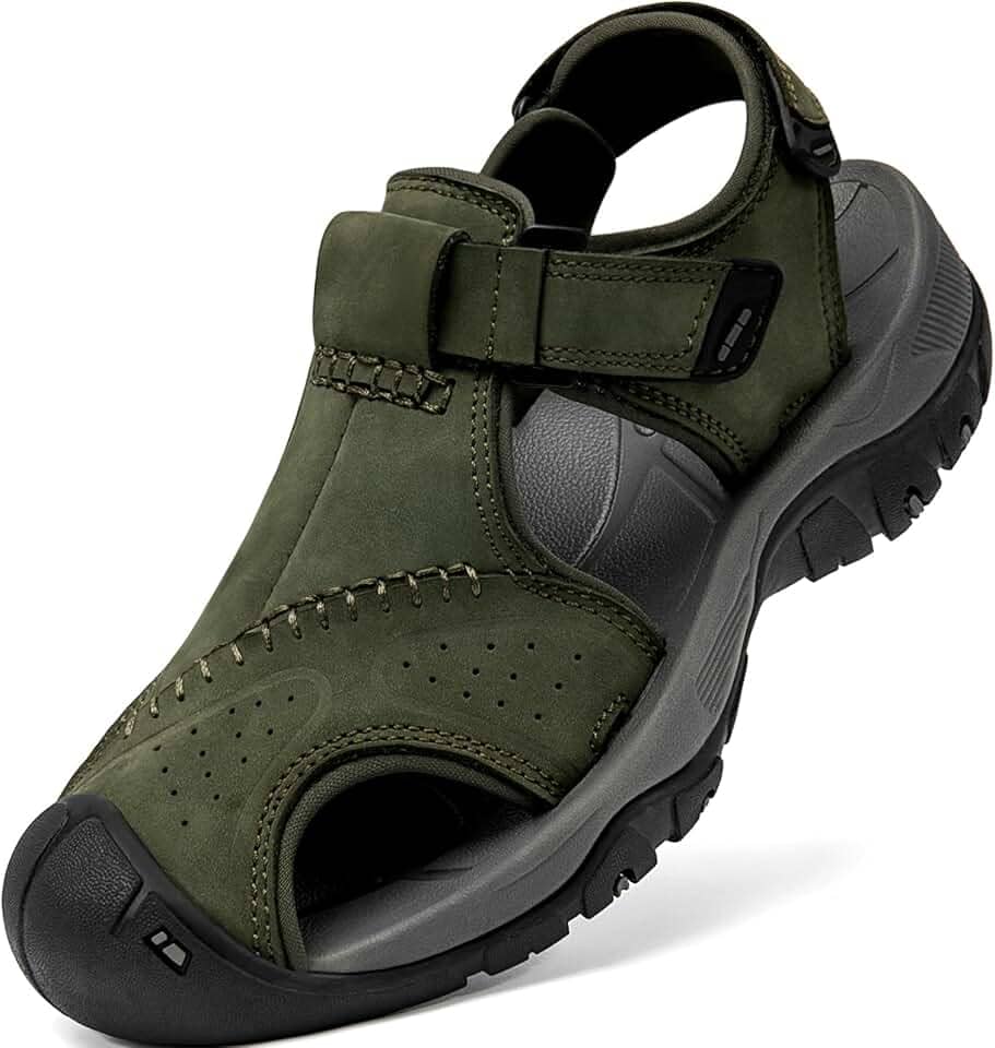 Sandálias esportivas masculinas de couro com bico fechado, trilhas, atividades ao ar livre, praia, trilha, pesca, água, leve, confortável, à prova d'água