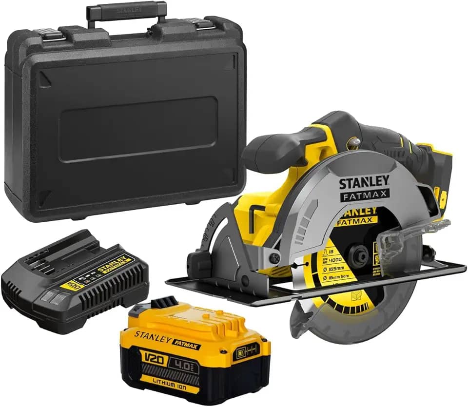 Stanley Serra Circular 185mm, Ferramenta para Cortes Precisos em Madeira, Acompanha Bateria Carregador Bivolt e Maleta, Modelo SBC550M1K, 20V