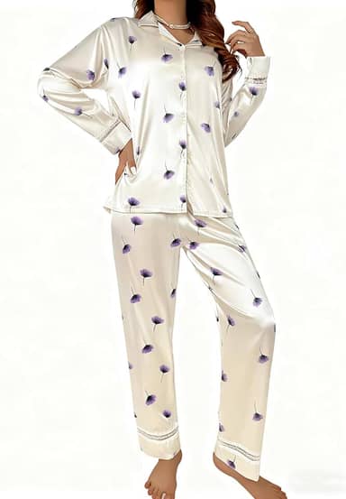 Conjunto de pijama de cetim feminino, 2 peças, com blusa de manga comprida e calça de seda, roupa de dormir para viagem em casa