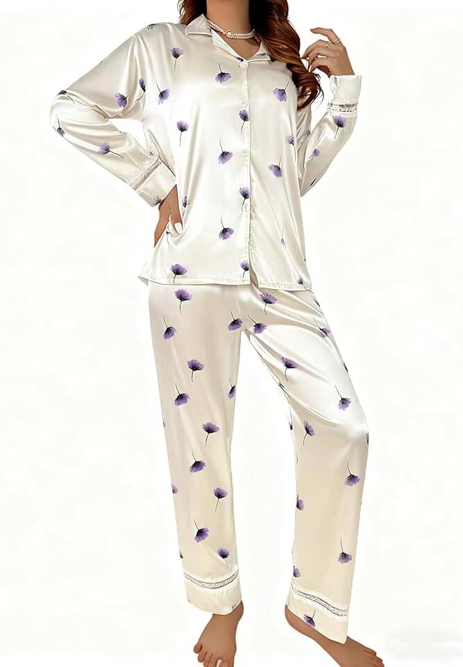 Conjunto de pijama de cetim feminino, 2 peças, com blusa de manga comprida e calça de seda, roupa de dormir para viagem em casa