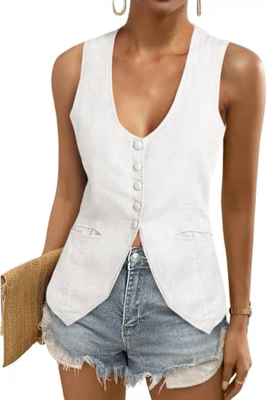 Blazer feminino de linho de verão sem mangas com gola canoa para trabalho casual de algodão