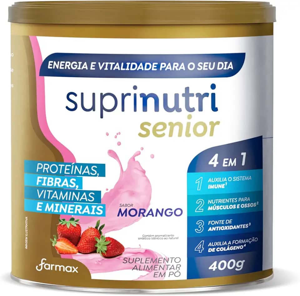 SUPLEMENTO SUPRINUTRI SENIOR MORANGO COM COMBINAÇÃO DE PROTEÍNAS, FIBRAS, VITAMINAS E MINERAIS 400G
